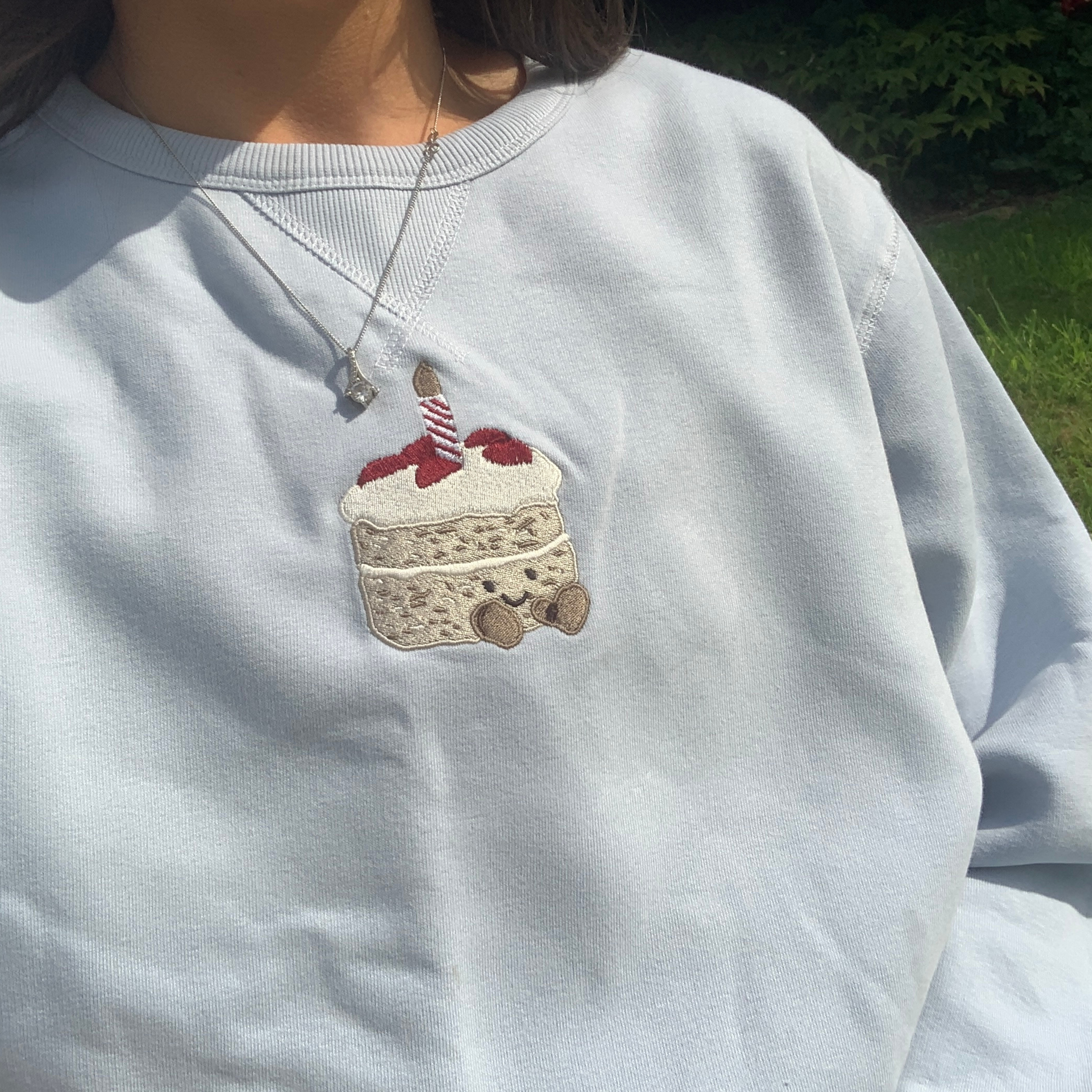 Birthday Cake Embroidered Sweatshirt | Soft Blue Size Medium
